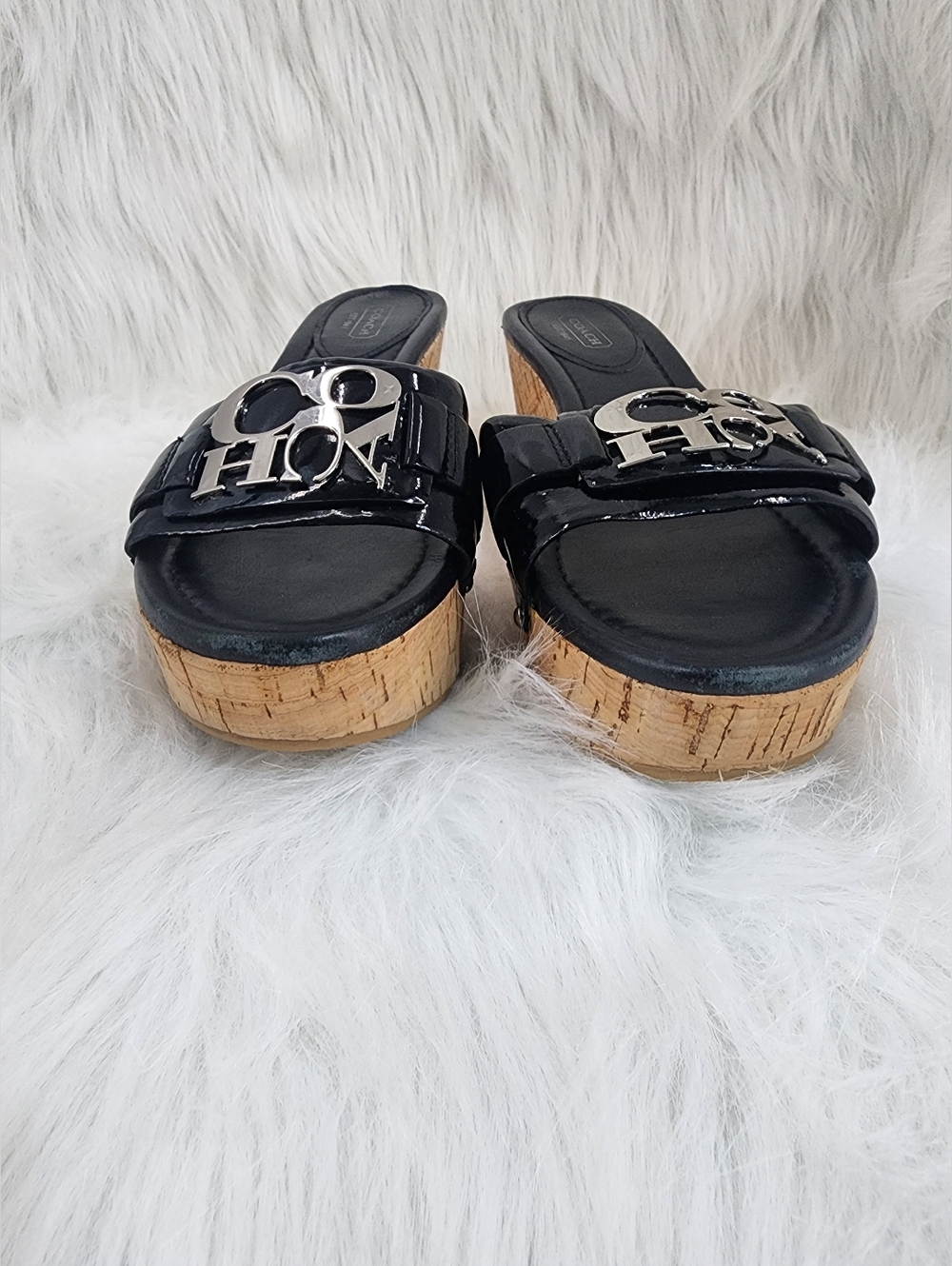 NWOT Coach Slip On Black Patent Leather Cork Wedge Sandals Size 7 - Picture 9 of 10